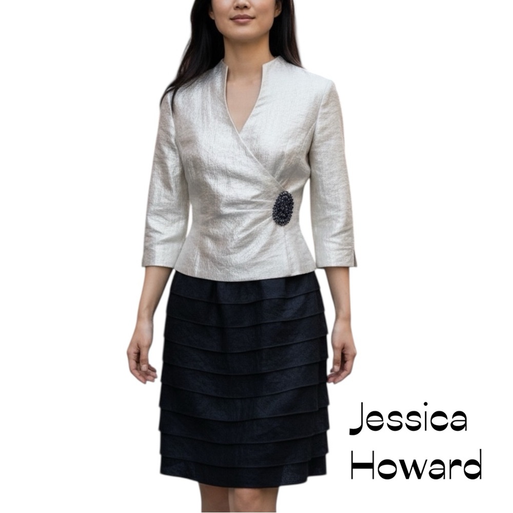 Jessica Howard Metallic Cream Black Beaded Dress NWOT Size 10P